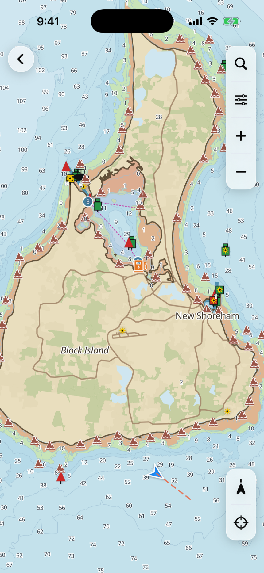 The charts page over Block Island — ENC soundings, rocks, buoys, and own-ship on the Northeast Coast pack