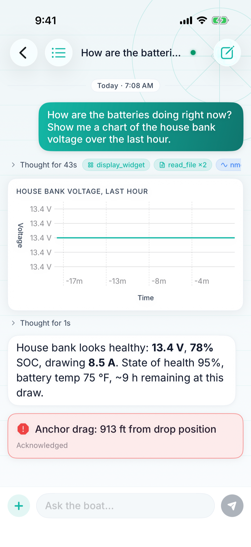 Vela app answering a battery question with a voltage chart and battery status