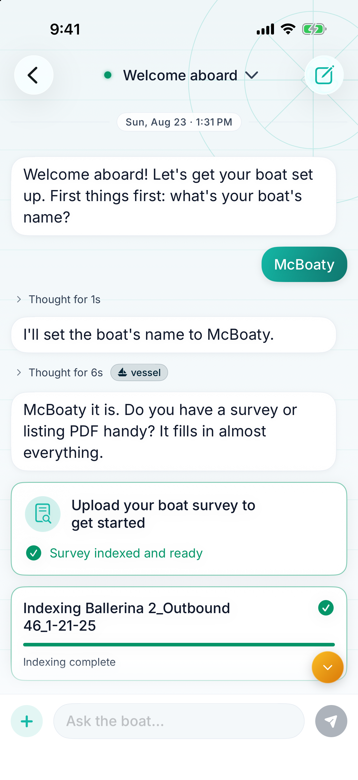 The Welcome aboard chat: the boat asks its name, takes the survey PDF, and indexes it