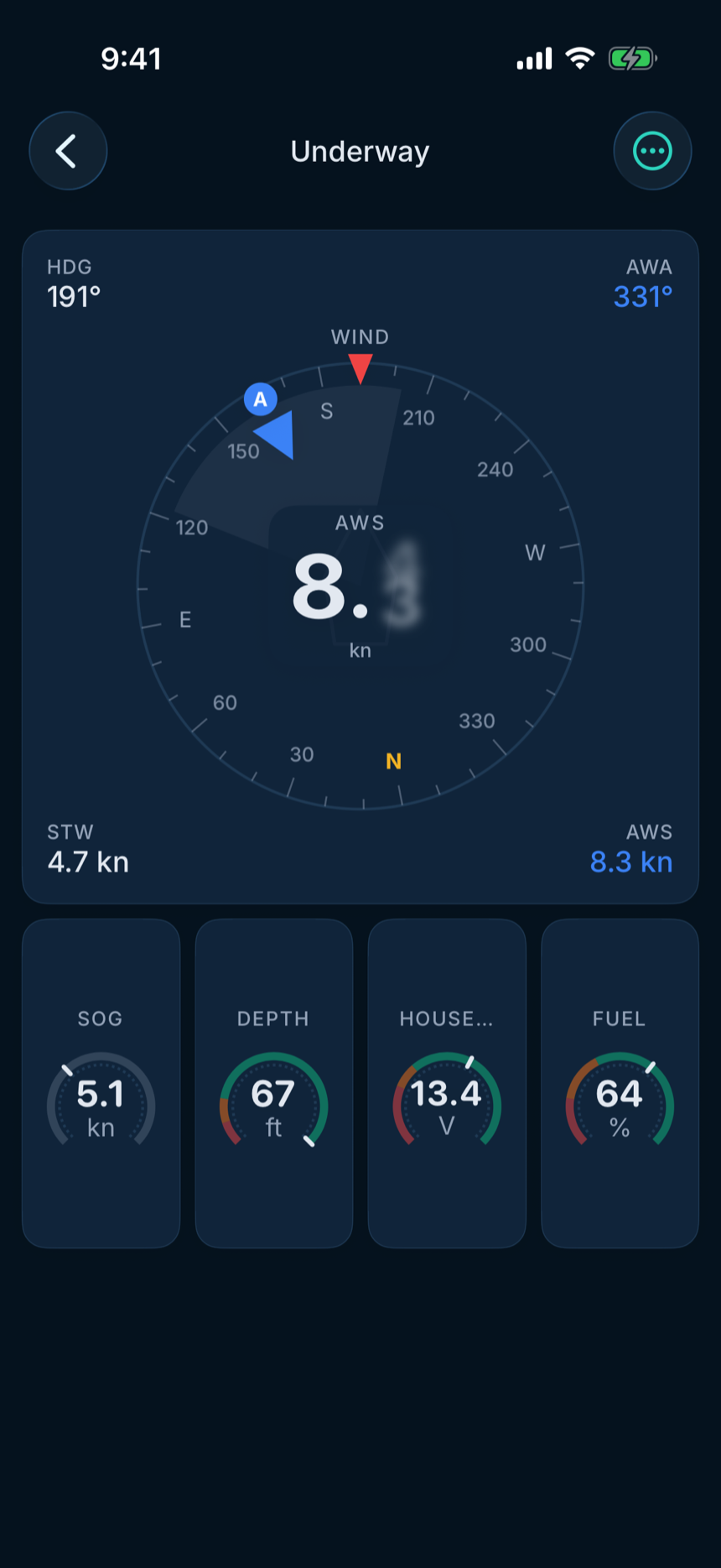 Vela dashboard in dark mode: wind rose and gauges glowing on a night-watch screen
