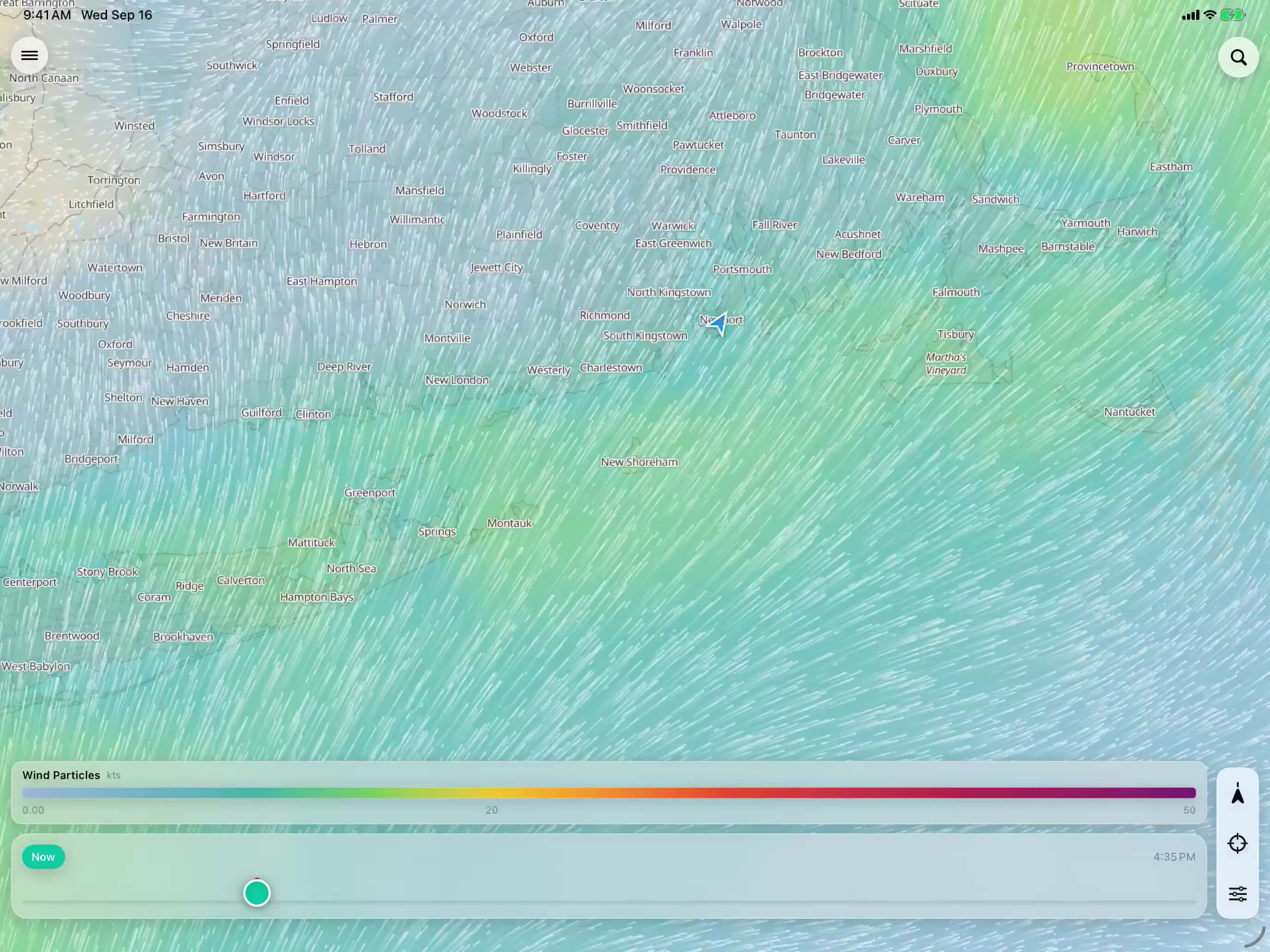 The chart on iPad: zooming in on Block Island, then opening map settings and switching soundings, depth contours, buoys, and lights on and off