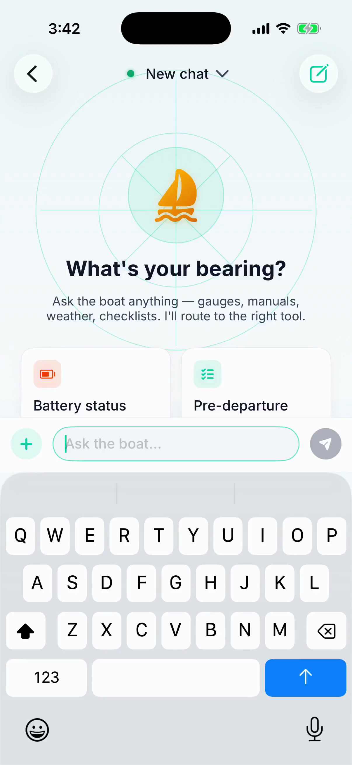 A maintenance note in chat becomes a passage log entry with boat data, an alert, and a completed checklist