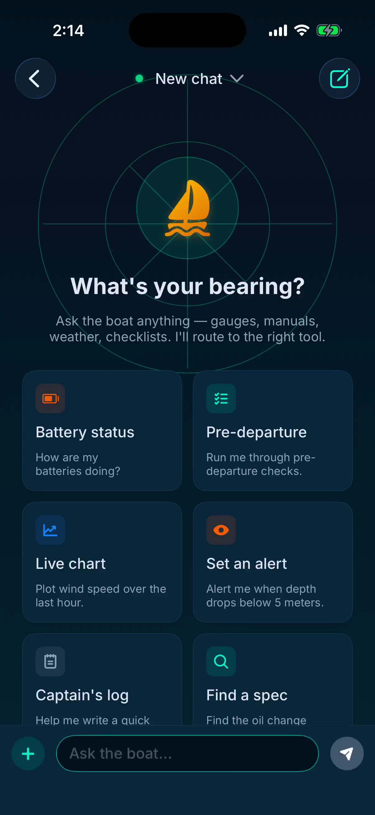 A night check-in in dark mode at 2 a.m.: the boat answers with the wind, the depth under the keel, the house bank with hours left, and that the anchor is holding